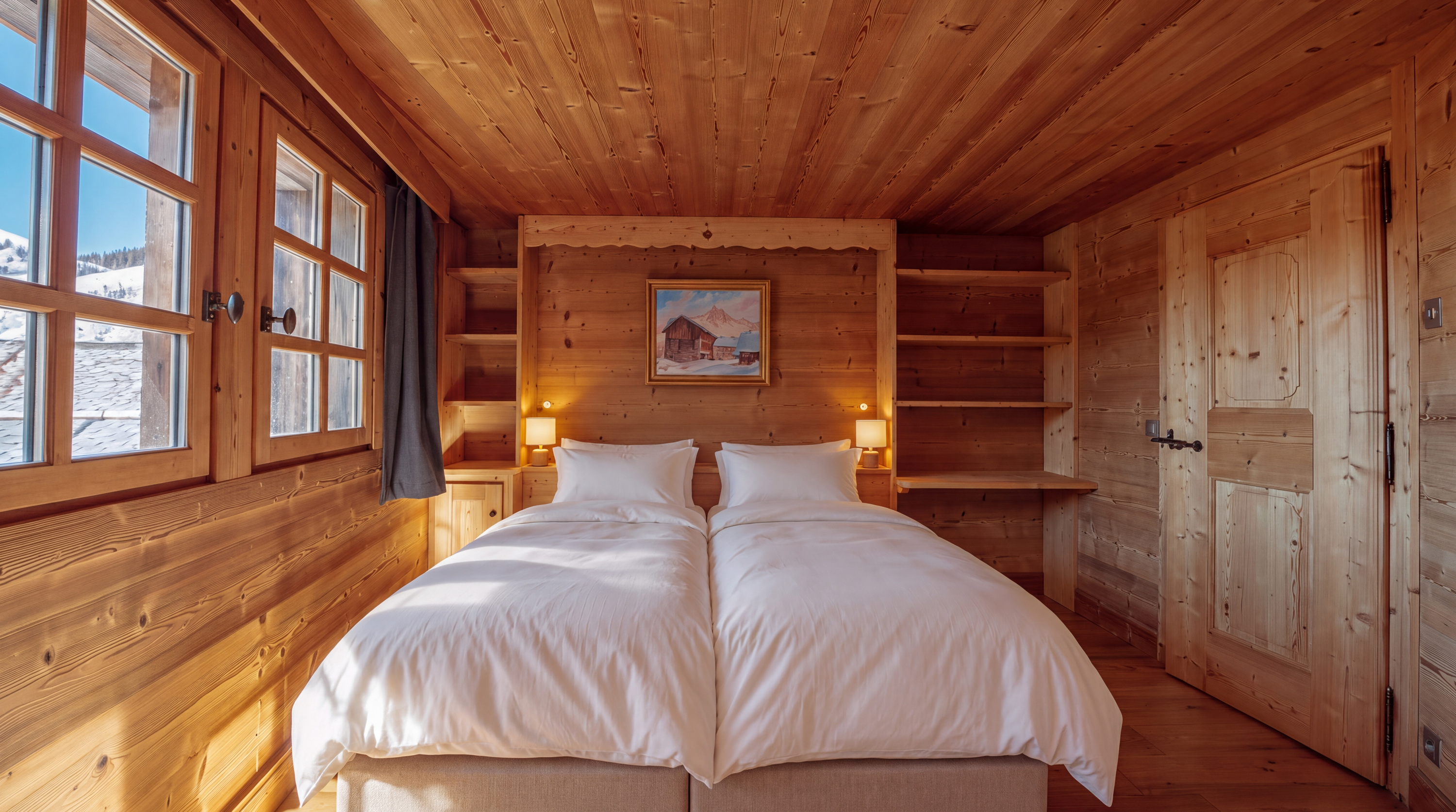 Bedroom with twin beds and mountain-view window