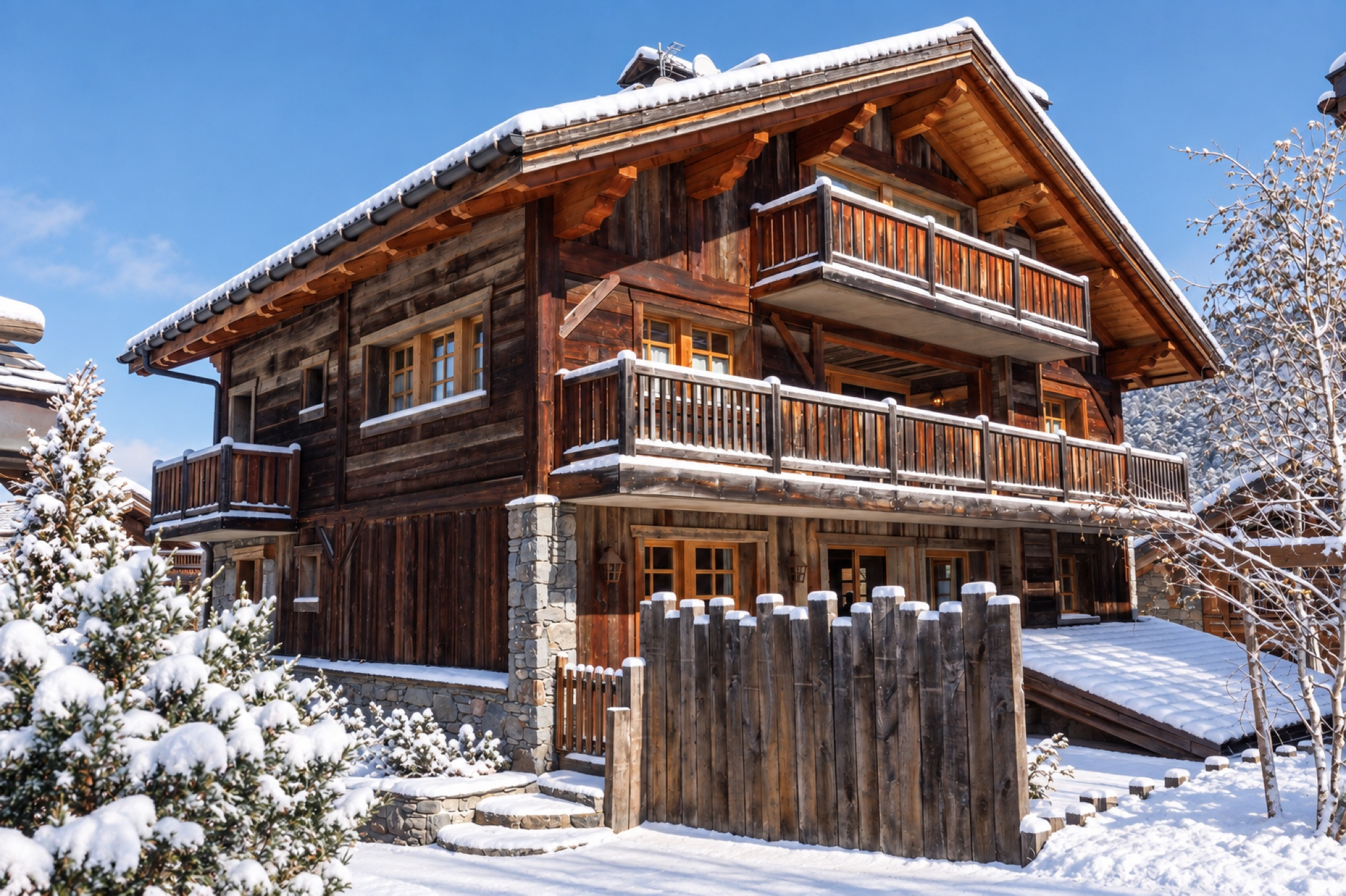 Chalet facade with wooden balconies in the snow