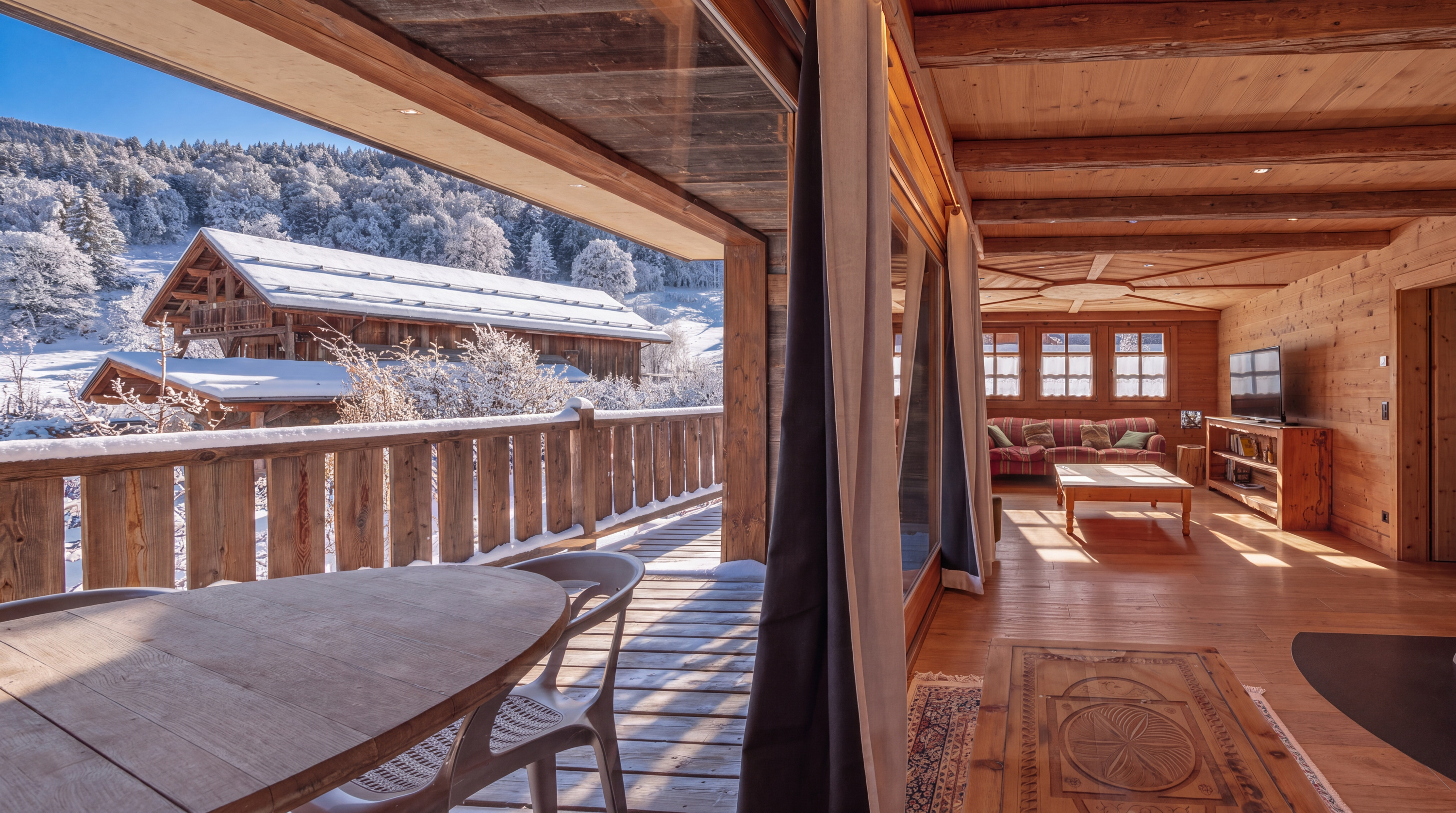 Balcony with outdoor table beside the living room