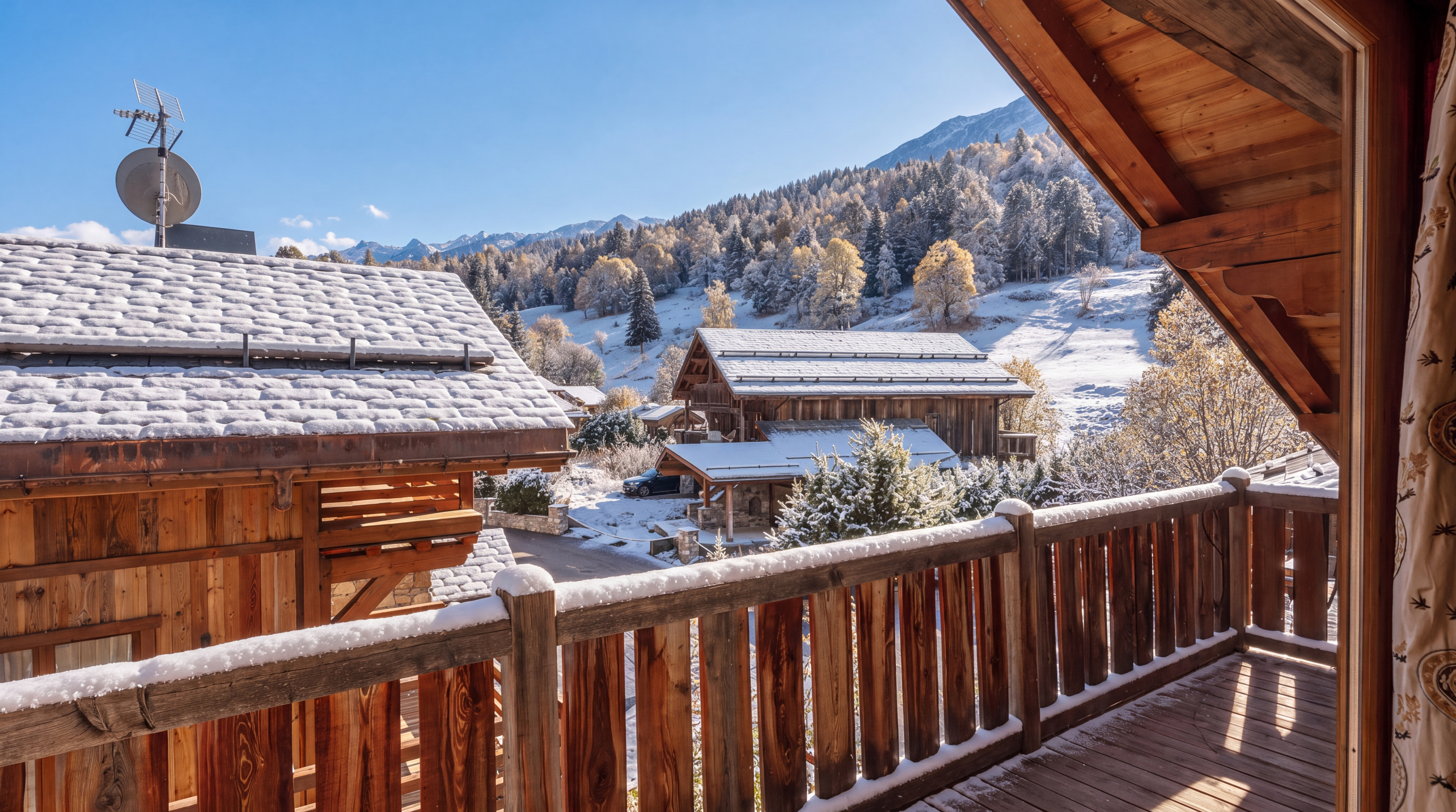 Balcony overlooking the snowy hamlet and mountains