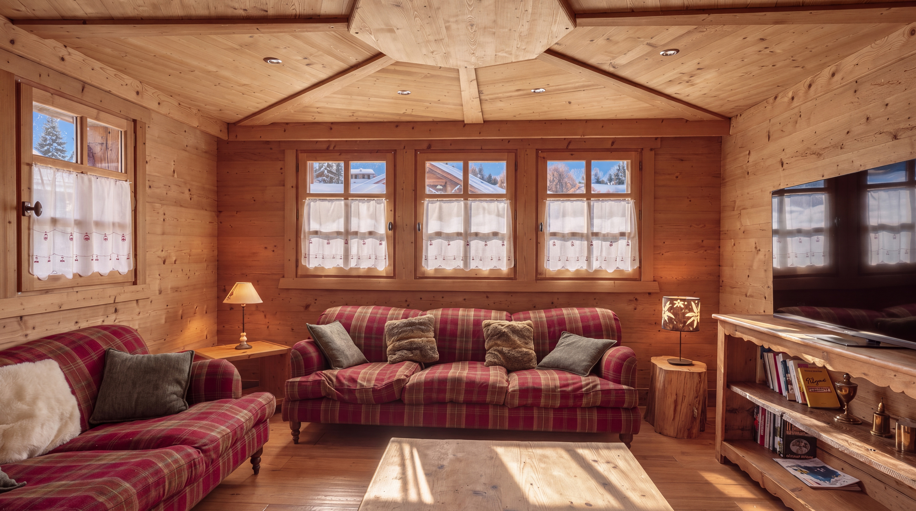 Lounge with checked sofas and television