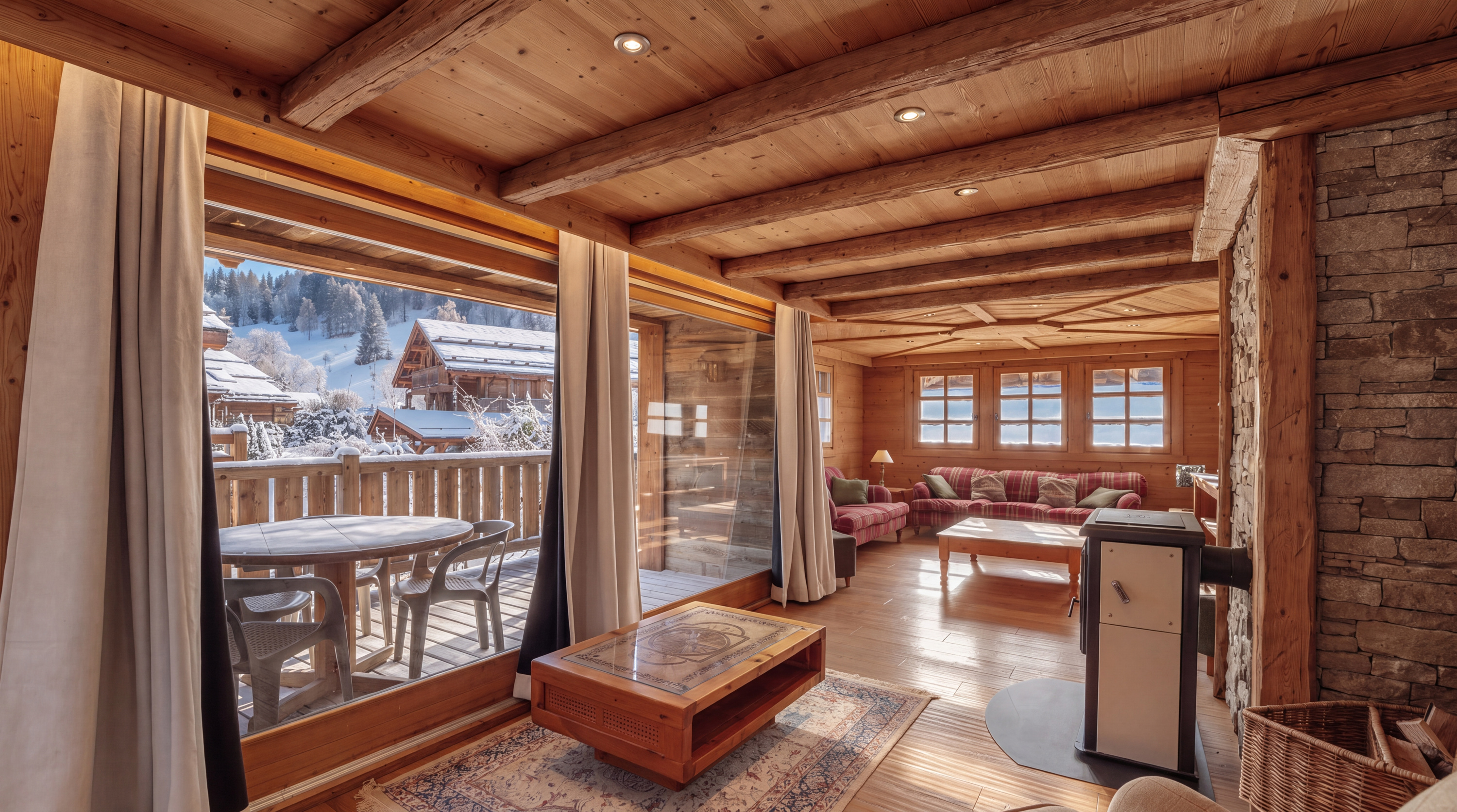 Living room opening onto the snowy balcony