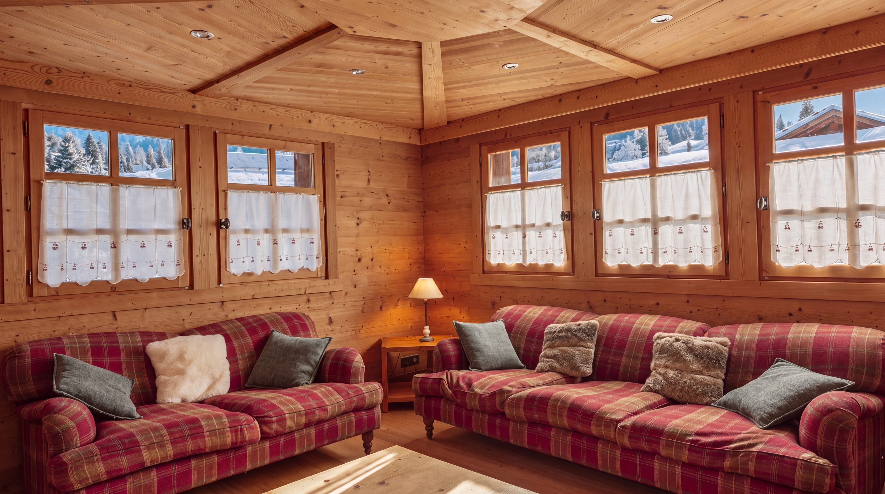 Lounge with two checked sofas under a wooden ceiling